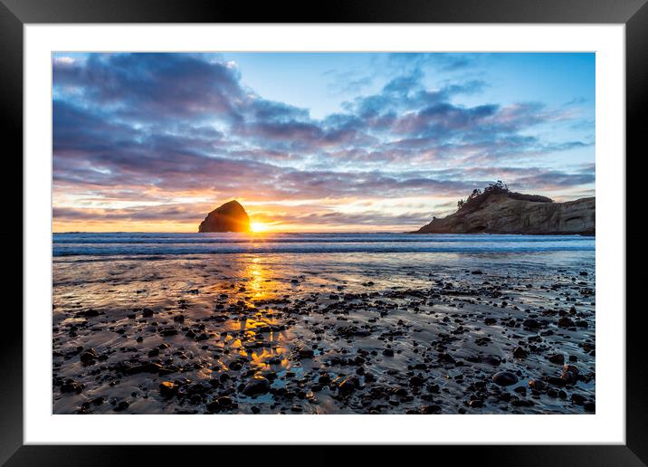Sunset at Haystack Rock, Cape Kiwanda, Pacific City, Oregon Framed Mounted Print by Belinda Greb