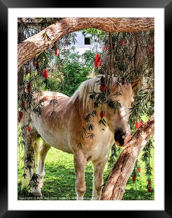 A brown horse standing next to a forest Framed Mounted Print by Pelin Bay