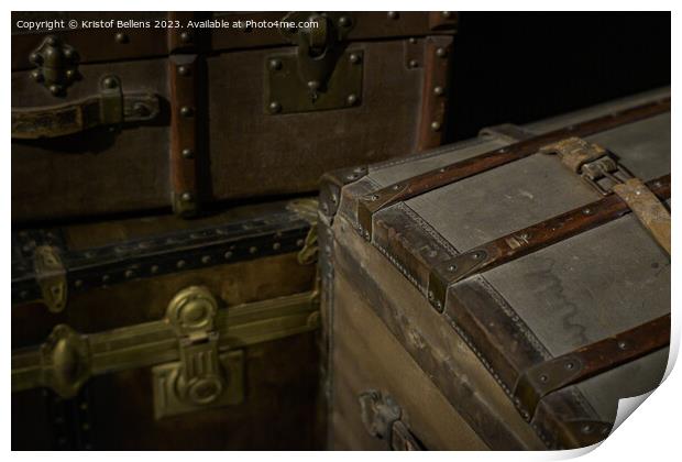 Closeup shot of vintage travel boxes and suitcases Print by Kristof Bellens