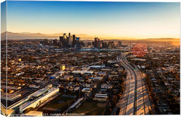 Aerial sunrise view of downtown Los Angeles Freeway  Canvas Print by Spotmatik 