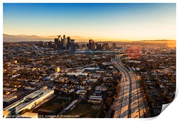 Aerial sunrise view of downtown Los Angeles Freeway  Print by Spotmatik 