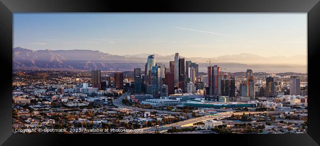 Aerial Panorama sunrise over Los Angeles city America Framed Print by Spotmatik 