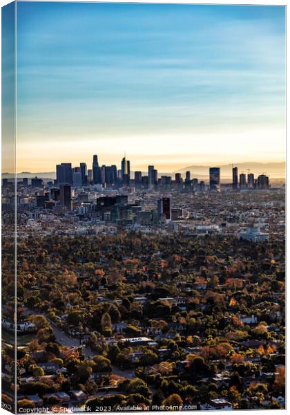 Aerial sunrise Los Angeles city skyline California America Canvas Print by Spotmatik 