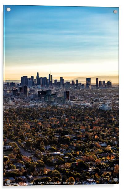 Aerial sunrise Los Angeles city skyline California America Acrylic by Spotmatik 