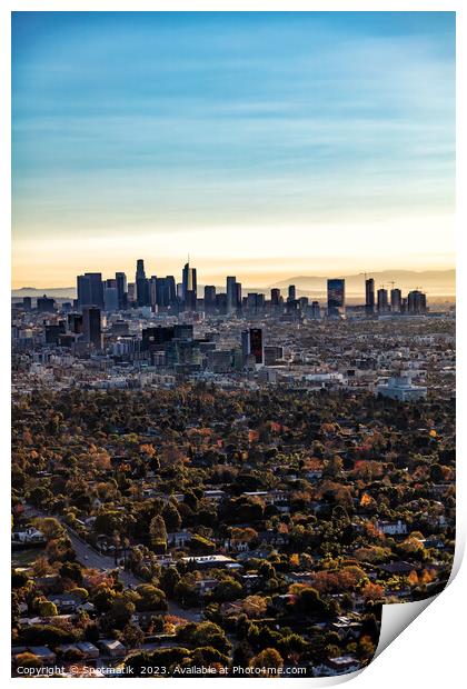 Aerial sunrise Los Angeles city skyline California America Print by Spotmatik 