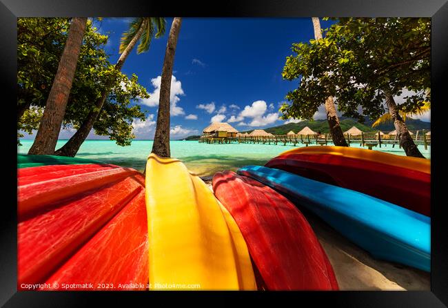Bora Bora kayak boats Overwater Bungalows tropical lagoon  Framed Print by Spotmatik 