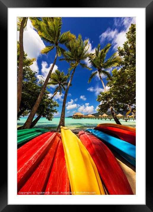 Bora Bora kayak boats Overwater Bungalows tropical lagoon  Framed Mounted Print by Spotmatik 