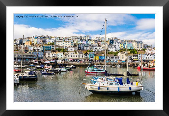 Boats in Colourful Brixham Harbour Framed Mounted Print by Pearl Bucknall
