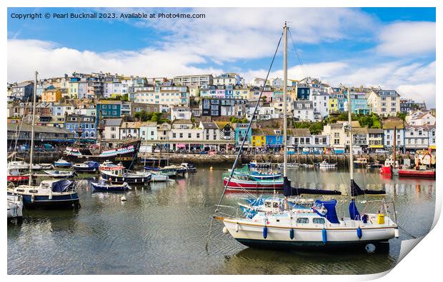 Boats in Colourful Brixham Harbour Print by Pearl Bucknall