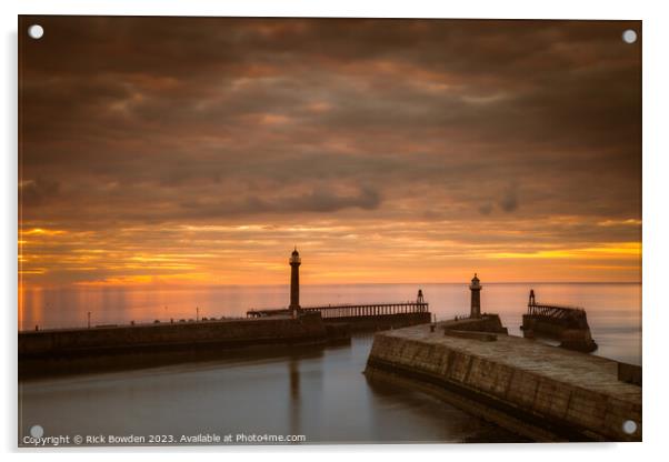 Whitby Pier Sunset Acrylic by Rick Bowden