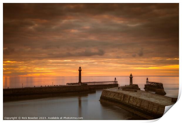 Whitby Pier Sunset Print by Rick Bowden