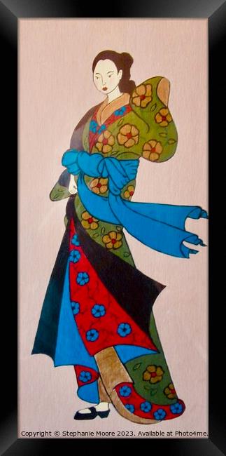 Geisha in green, red and blue Framed Print by Stephanie Moore