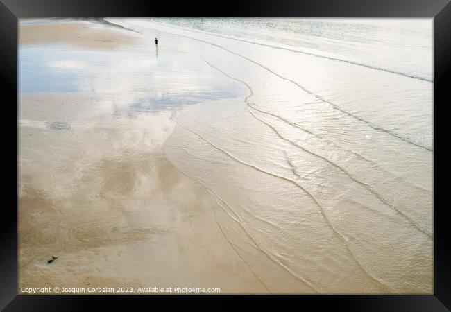 A lone retired person walks away on the sand of a beach in winte Framed Print by Joaquin Corbalan
