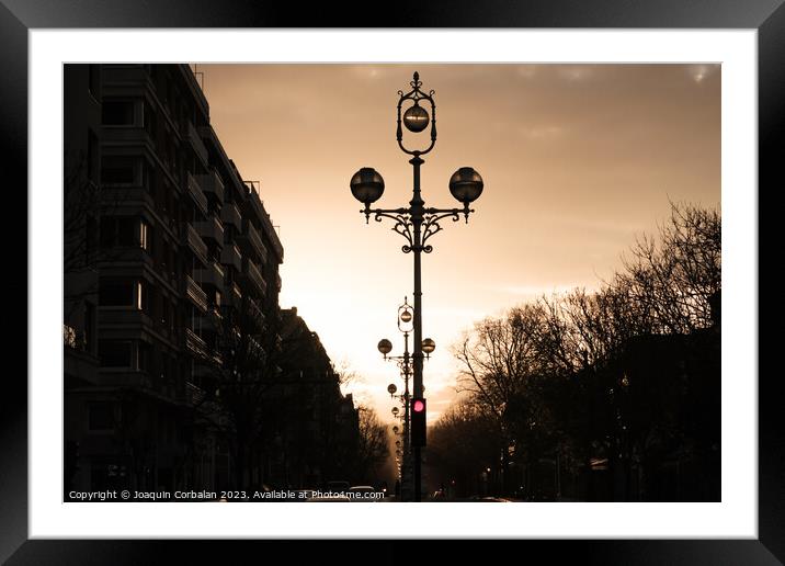 Sunset on a large avenue in a city with lampposts in the middle. Framed Mounted Print by Joaquin Corbalan