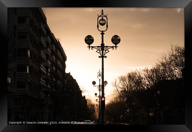 Sunset on a large avenue in a city with lampposts in the middle. Framed Print by Joaquin Corbalan