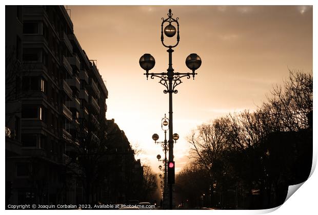 Sunset on a large avenue in a city with lampposts in the middle. Print by Joaquin Corbalan