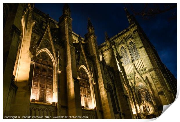 The cathedral of San Sebastian is illuminated at night in a ghos Print by Joaquin Corbalan