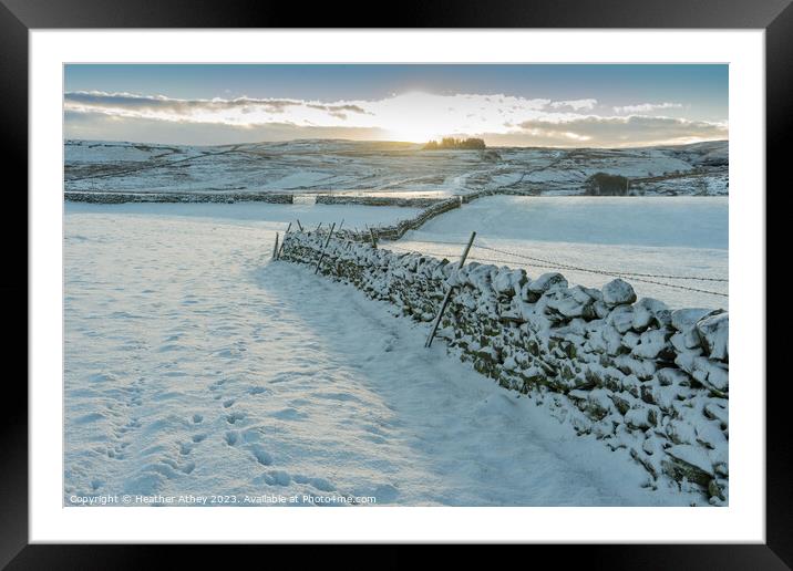 Snowy sunrise in Northumberland, UK Framed Mounted Print by Heather Athey