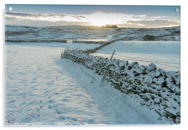 Snowy sunrise in Northumberland, UK Acrylic by Heather Athey