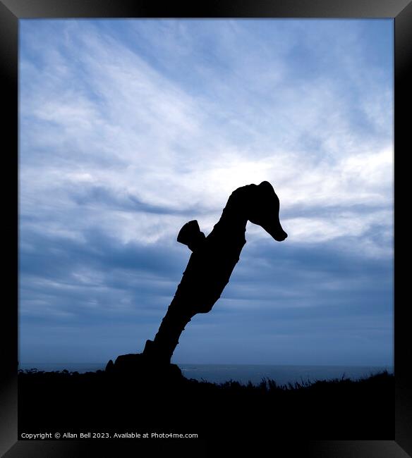 Silhouette of Seahorse tree sculpture Framed Print by Allan Bell