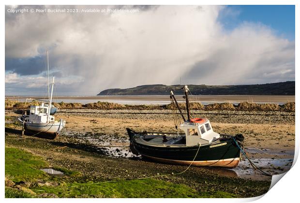 Grounded boats in Red Wharf Bay Anglesey Print by Pearl Bucknall