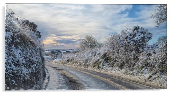 snowy road in cornwall Acrylic by kathy white