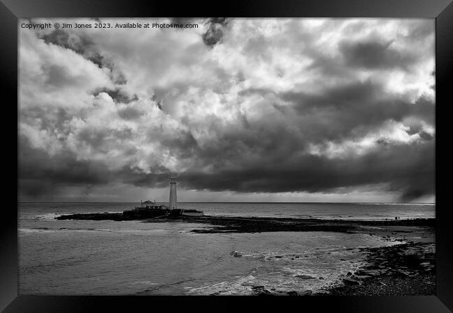 April showers at St Mary's Island - Monochrome Framed Print by Jim Jones