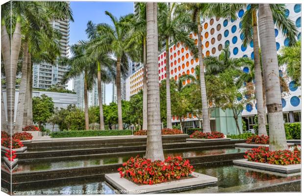 Palm Trees Water Garden Downtown Buildings Miami Florida Canvas Print by William Perry