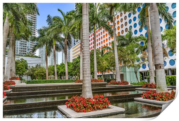 Palm Trees Water Garden Downtown Buildings Miami Florida Print by William Perry