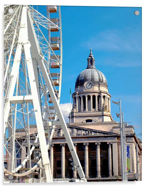 Nottingham town hall and big wheel. Acrylic by john hill