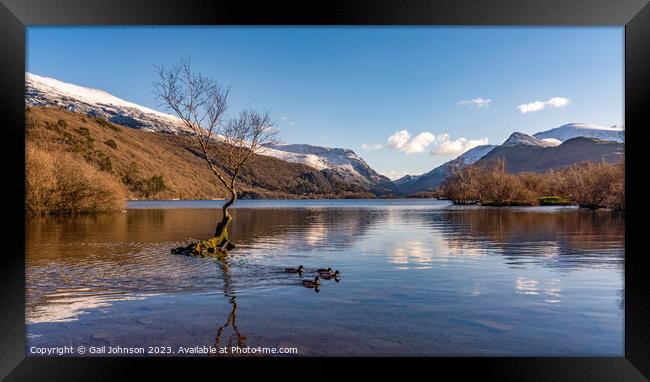 Views around Llanberis in winter with snow on the hills  Framed Print by Gail Johnson