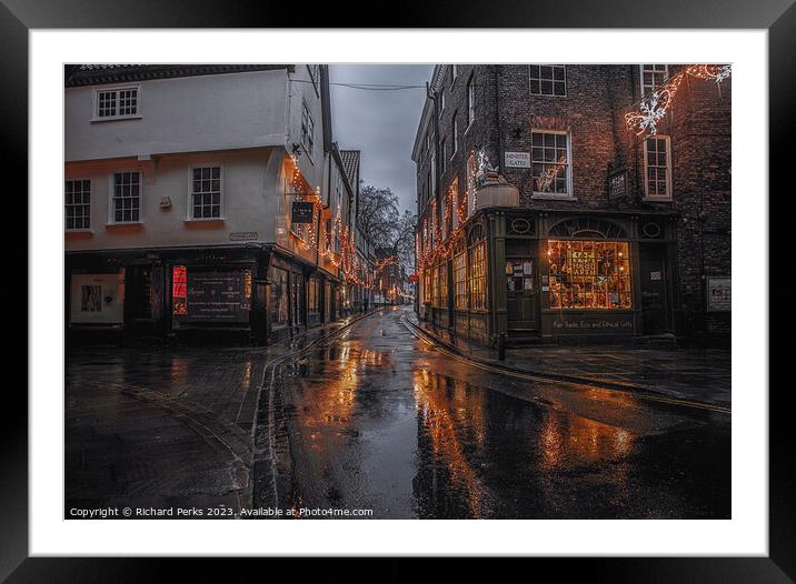 Rainy reflections in the streets of York Framed Mounted Print by Richard Perks