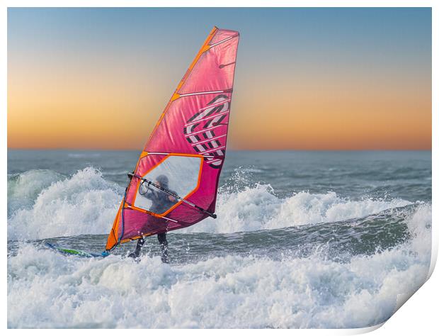 Windsurfing on Broad Haven Beach, Pembrokeshire. Print by Colin Allen