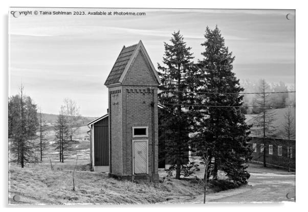 Old Transformer Building in Rural Finland Monochro Acrylic by Taina Sohlman