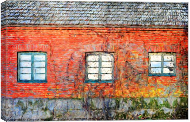 Red Brick Building with Three Windows Digital Art Canvas Print by Taina Sohlman