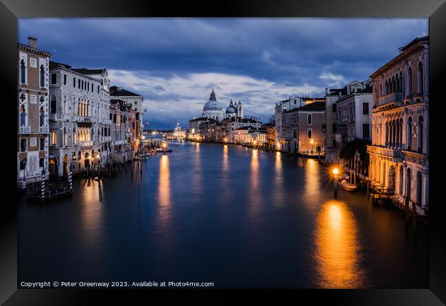 The Grand Canal In Venice At Dusk From Ponte dell'Accademia Framed Print by Peter Greenway