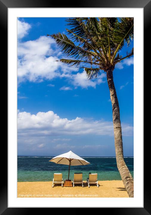 Beach umbrella and chairs, Sanur Beach Framed Mounted Print by Kevin Hellon