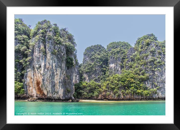 Small beach and green waters in Phang Nga Bay, Framed Mounted Print by Kevin Hellon