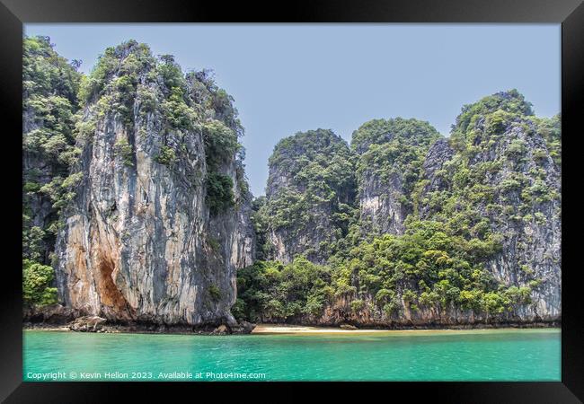 Small beach and green waters in Phang Nga Bay, Framed Print by Kevin Hellon