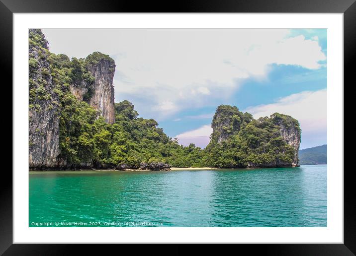 Small beach and green waters in Phang Nga Bay, Framed Mounted Print by Kevin Hellon