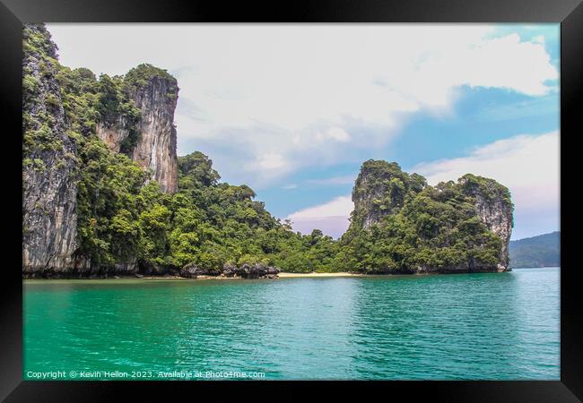 Small beach and green waters in Phang Nga Bay, Framed Print by Kevin Hellon