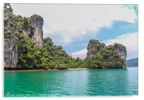 Small beach and green waters in Phang Nga Bay, Acrylic by Kevin Hellon