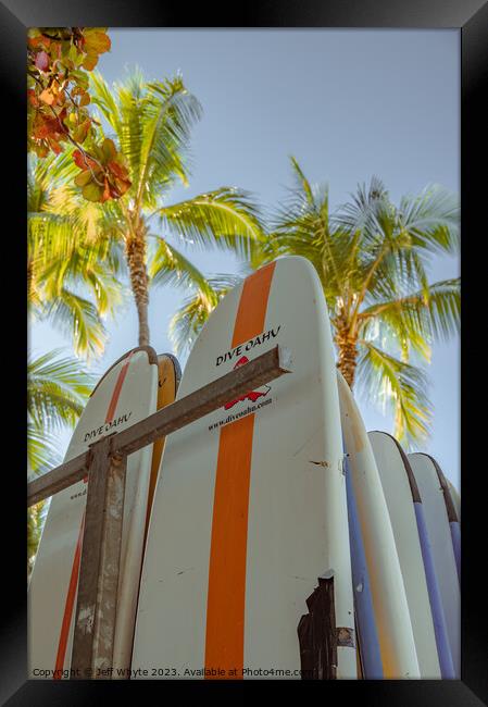 Surfboards on Waikiki Beach Framed Print by Jeff Whyte