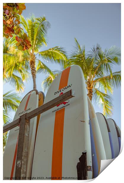 Surfboards on Waikiki Beach Print by Jeff Whyte