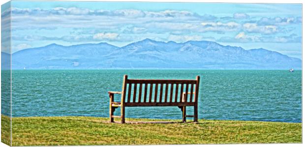 Troon Ballast Bank bench and Arran mountains Canvas Print by Allan Durward Photography