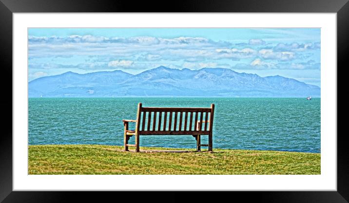 Troon Ballast Bank bench and Arran mountains Framed Mounted Print by Allan Durward Photography