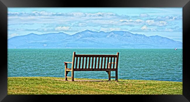 Troon Ballast Bank bench and Arran mountains Framed Print by Allan Durward Photography