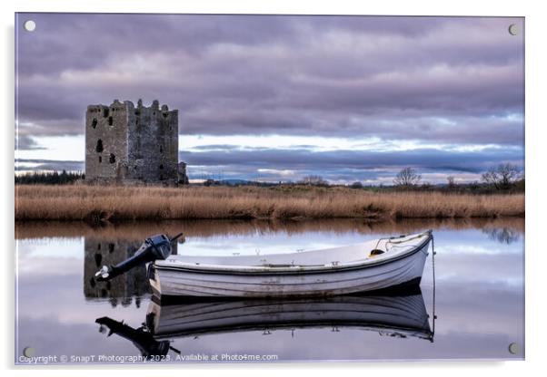 Boat moored on the river dee with Threave Castle in the background, Scotland Acrylic by SnapT Photography
