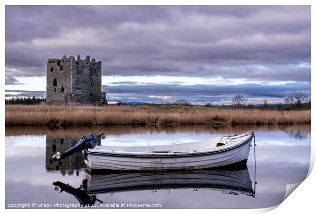 Boat moored on the river dee with Threave Castle in the background, Scotland Print by SnapT Photography