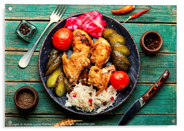Roasted chicken meat and pickles vegetables Acrylic by Mykola Lunov Mykola